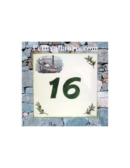 Plaque personnalisée pour votre maison décor bateau de pèche et brins d'olivier inscription verte