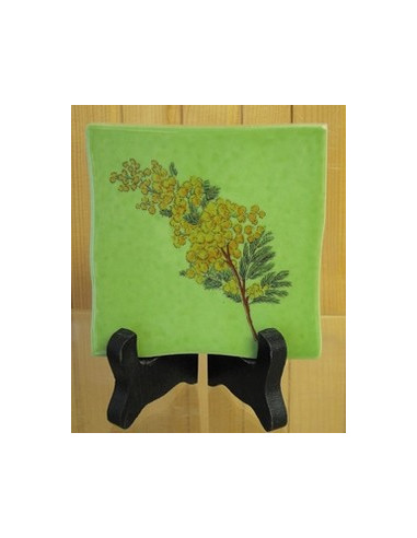 Carreau décor mimosas taille 1 sur fond vert 10 x 10 cm