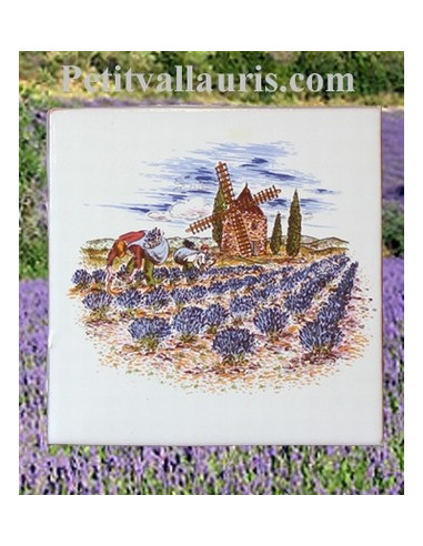 Carreau décor paysage provençal motif moulin et lavandes 10 x 10 cm