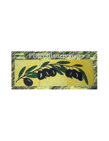 Fresque sur 3 carreaux brin d'olives 15 x 15 cm fond jaune