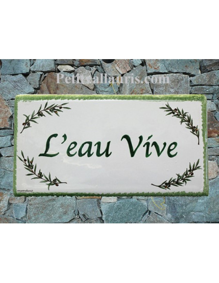 Plaque de Maison rectangle décor brins d'olivier aux angles inscription personnalisée bord verte