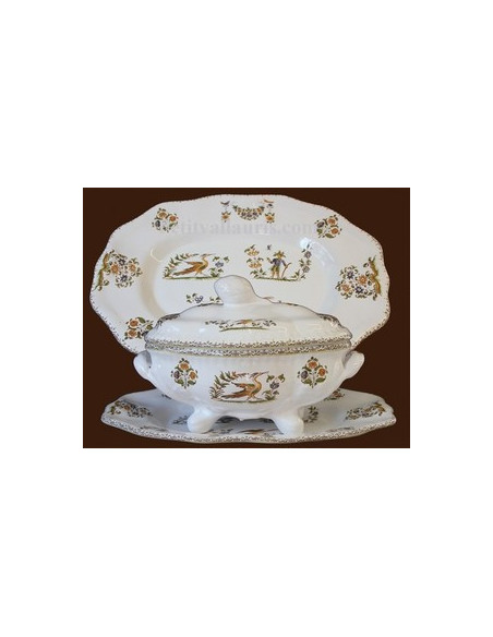 Petite soupière de style avec son assiette décor Tradition Vieux Moustiers bleu