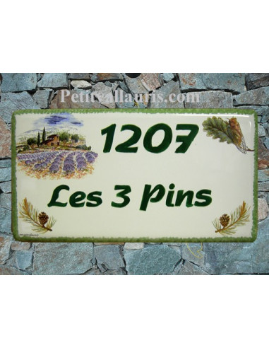 Plaque de Maison rectangle décor mas provençal cigale et pomme de pin inscription personnalisée bord verte