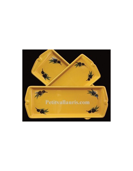 Plat à cake en faïence jaune Provençale décor Olives noires