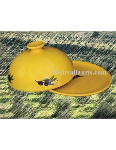 Cloche à fromage avec plateau en faience de couleur jaune provençale et  motifs olives noires