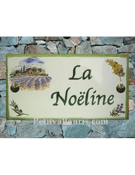 Plaque de Maison rectangle décor mas provençal mimosas olives et lavandes inscription personnalisée bord verte
