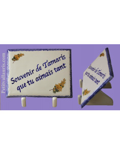 Plaque funéraire en céramique de forme rectangulaire à poser motifs mimosas + personnalisation