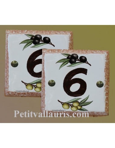 Numéro de maison décor brins d'olives vertes et noires pose horizontale bord ocre