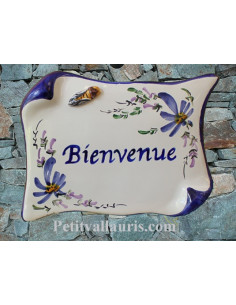Plaque de Maison parchemin décor fleurs bleues cigale relief inscription personnalisée bleue
