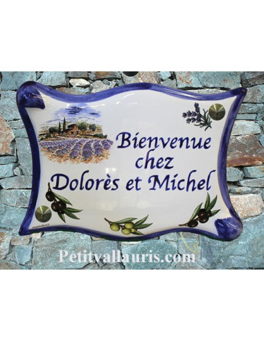 Plaque de maison parchemin en céramique Brin d'olive et de lavande bord bleu