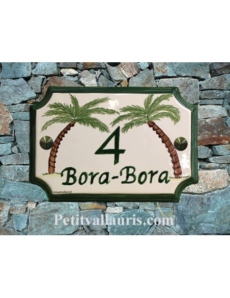 Plaque de Maison rectangle décor et texte personnalisés les 2 palmiers-cocotiers inscription et bord verts