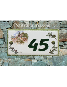 Plaque de maison faience émaillée décor maison provençale et brins d'oliviers inscription personnalisée verte