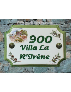 Plaque de Maison rectangle décor cabanon et brins d'olivier inscription personnalisée et bord vert
