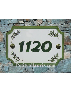 Plaque de Maison rectangle décor brins d'olivier inscription personnalisée et bord vert