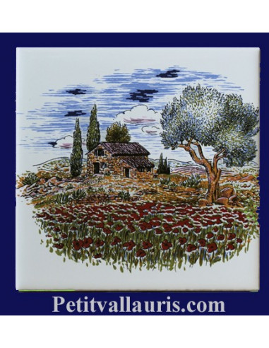 Carreau décor paysage provençal champs de coquelicot 10 x 10 cm
