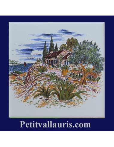 Carreau décor paysage provençal motif bastide et olivier 10 x 10 cm