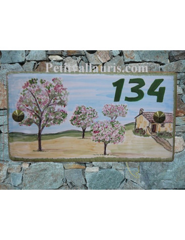 Plaque de Maison rectangle décor personnalisé les cerisiers inscription verte