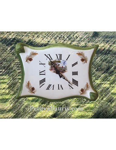 Horloge parchemin en faïence décor Calanque et pomme de pin