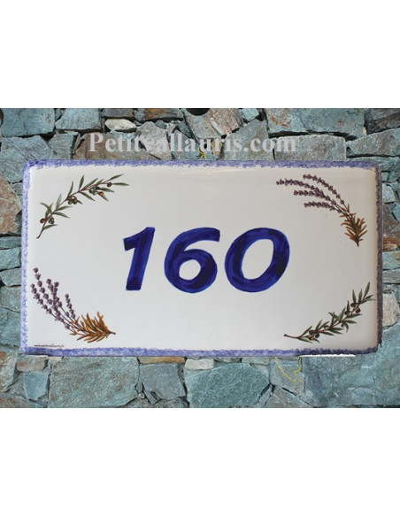 Plaque de Maison rectangle décor brins de lavandes et olives aux angles inscription personnalisée et bord bleu
