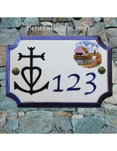 Plaque de Maison rectangle décor et texte personnalisés croix camarguaise inscription et bord bleus