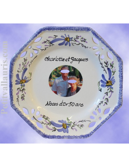 Assiette de Mariage modèle octogonale avec photo décor fleurs bleues