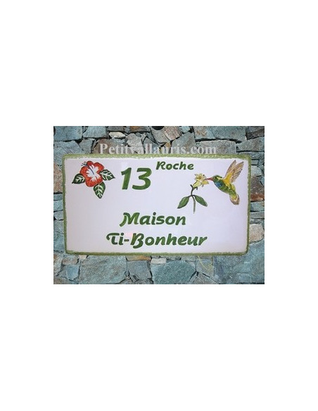 Plaque de Maison rectangle décor personnalisé colibri et hibiscus inscription verte