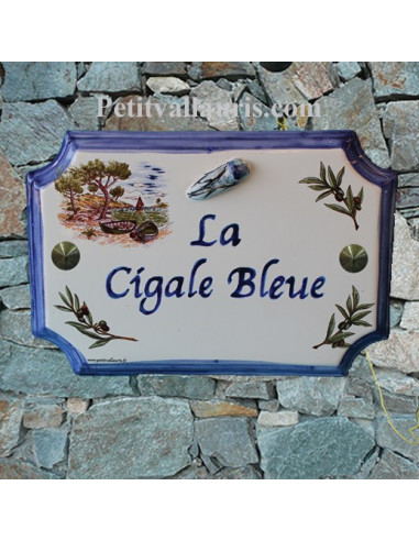 Plaque de Maison rectangle décor calanque+brins d'olives+cigale bleue en relief inscription personnalisée