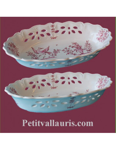 Corbeille ovale ajourée décor Tradition Vieux Moustiers rose