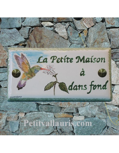 Plaque nom de maison faience émaillée inscription personnalisée et décor  artisanal oiseau colibri