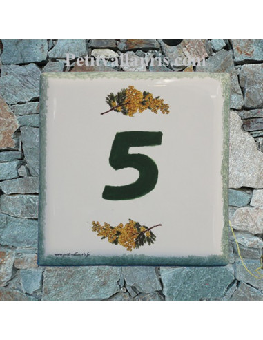 Numéro de rue ou de maison décor brins de mimosas pose horizontale