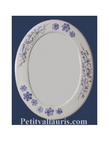 Miroir ovale décor Fleuri bleu et Fleur en relief
