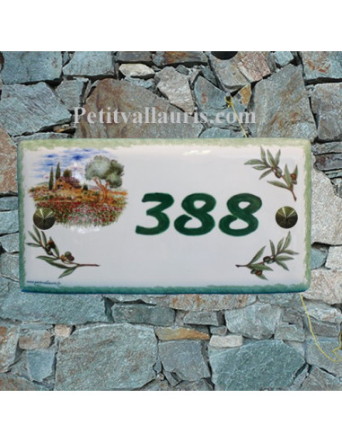 Plaque de maison faience émaillée décor cabanon provençale et oliviers inscription personnalisée verte