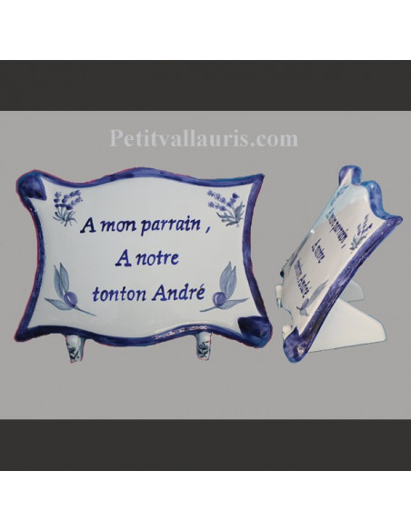 Plaque funéraire en céramique modèle grand parchemin décor Olives et lavandes bleues avec inscription personnalisée