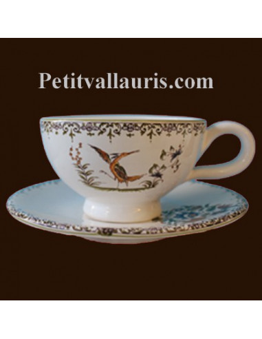 Tasse à thé et sous tasse décor Tradition Vieux Moustiers polychrome