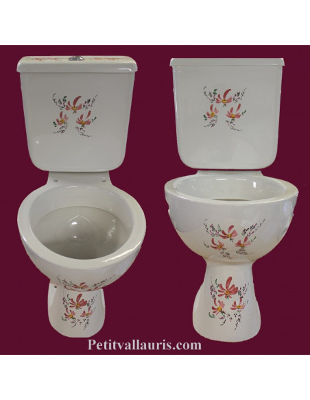 Toilettes-WC en porcelaine au décor artisanal fleuri rose