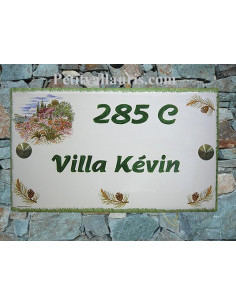 Plaque de Villa rectangle décor cabanon et olivier pignes de pin aux angles inscription personnalisée verte