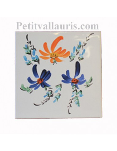 Carreau décor fleuri orange et bleu 10 x 10 cm