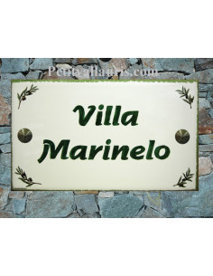 Plaque de Villa rectangle décor brins d'olives aux angles bord et inscription personnalisée verts