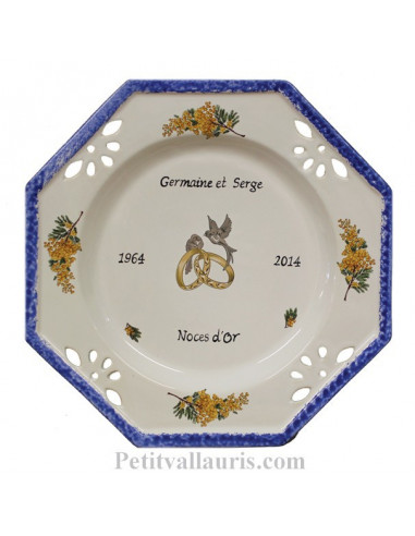 Assiette souvenir Mariage octogonale grand modèle décor mimosas bord bleu