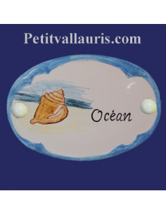 Plaque de porte en faience blanche modèle ovale motif artisanal coquillage avec personnalisation