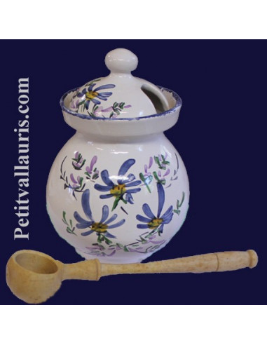 Pot à olives avec cuillère bois décor fleuri bleu