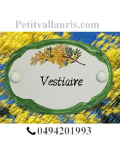 Plaque de porte ovale inscription vestiaire brin de mimosas bord vert