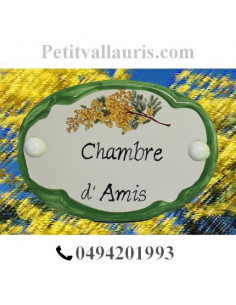 Plaque de porte ovale inscription chambre brin de mimosas bord vert