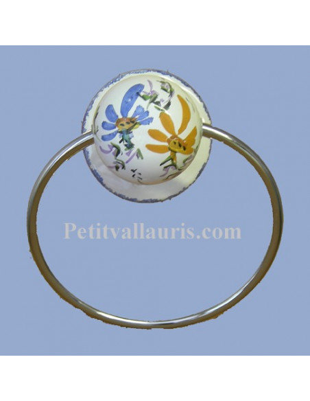 Porte serviette mural décor Fleuri bleu et orange (anneau métal)