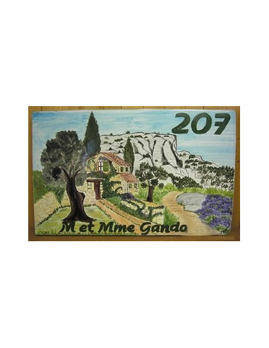 Plaque de Villa rectangle décor personnalisé bastide en pierre et colline inscription personnalisés verte