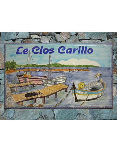 Plaque de Villa rectangle décor personnalisé bateau de pêche pointu inscription personnalisée bleue