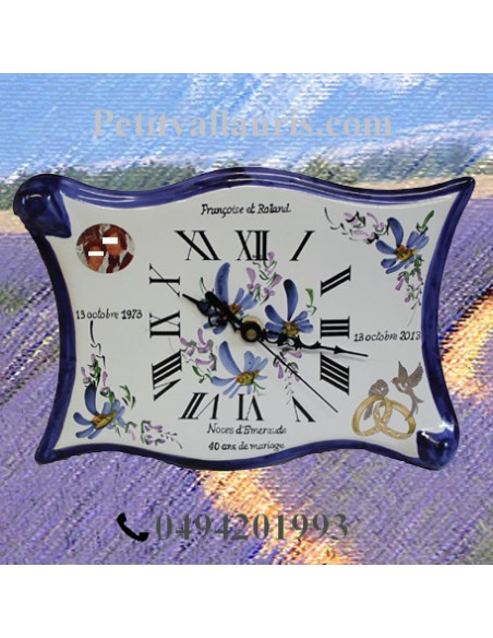 Horloge-pendule de Mariage modèle parchemin avec photo décor fleurs bleues