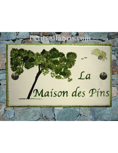 Plaque de Villa rectangle décor personnalisé pin penché et pomme de pin inscription personnalisée verte