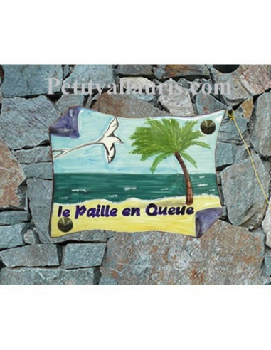 Plaque de Maison parchemin décor personnalisé oiseau et paysage exotique inscription bleue
