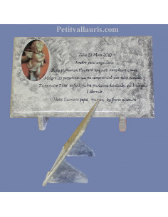 Plaque funéraire en céramique fond gris texte noir avec médaillon ange